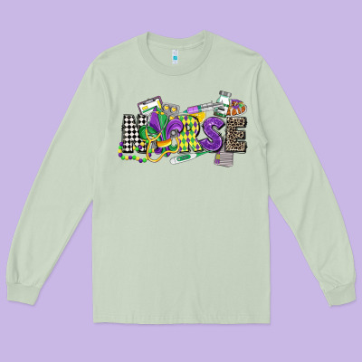 Nurse Mardi Gras Long Sleeve Tee Designed By Cowgirlartshop