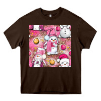 Chocolate Brown Pink Christmas cute snowman Heavy Core Tee - NancyCooperArtShop