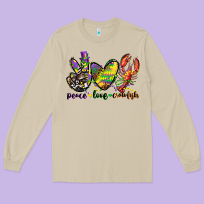 Peace Love Crawfish Mardi Gras Long Sleeve Tee Designed By Cowgirlartshop