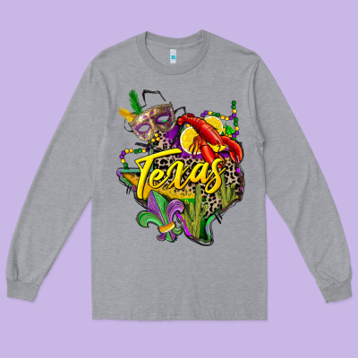 Texas Map Mardi Gras Long Sleeve Tee Designed By Cowgirlartshop