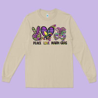 Peace Love Mardi Gras Long Sleeve Tee Designed By Cowgirlartshop