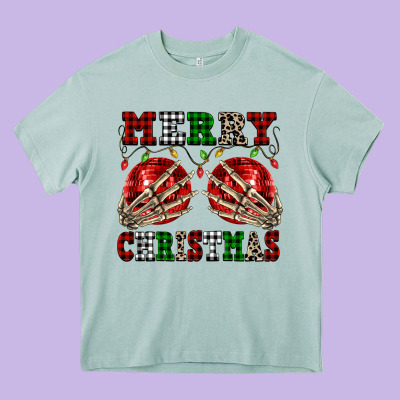 Merry Christmas Skeleton Hands Boobs Heavy Core Tee Designed By Nancycooperartshop