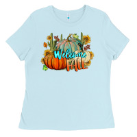 Baby Blue Welcome Fall Pumpkins Ladies Tee - BundleAndBundleShop