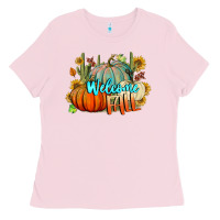 Bubblegum Pink Welcome Fall Pumpkins Ladies Tee - BundleAndBundleShop