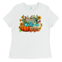 White Welcome Fall Pumpkins Ladies Tee - BundleAndBundleShop