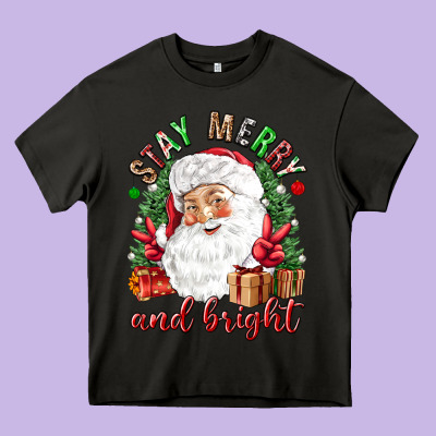 Stay Merry And Bright Christmas With Santa Heavy Core Tee Designed By Nancycooperartshop