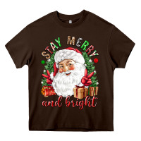 Chocolate Brown Stay Merry and bright Christmas with santa Heavy Core Tee - NancyCooperArtShop