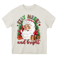 Cream Stay Merry and bright Christmas with santa Heavy Core Tee - NancyCooperArtShop