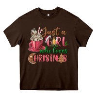 Chocolate Brown Pink Just a girl who loves Christmas Heavy Core Tee - NancyCooperArtShop