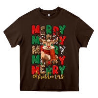 Chocolate Brown merry christmas reindeer Heavy Core Tee - MaliasSmallBusiness