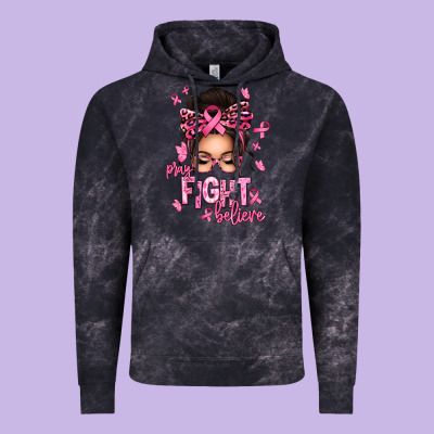 Pray Fight Believe Breast Cancer Afro Messy Bun Vintage Hoodie Designed By Texasbilliewilder