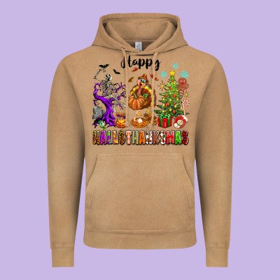 Happy Hallothanksmas Vintage Hoodie Designed By Texasbilliewilder