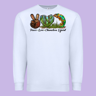 Peace Love Chameleon Lizard Premium Sweatshirt Designed By Lillyallendesigns