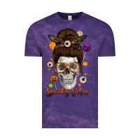 Cloud Purple Spooky Vibes Skull Messy Bun Vintage Tee - texasbilliewilder