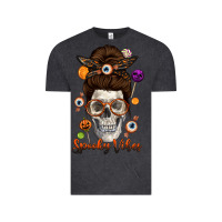 Vintage Black Spooky Vibes Skull Messy Bun Vintage Tee - texasbilliewilder