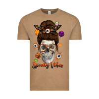Vintage Coffee Spooky Vibes Skull Messy Bun Vintage Tee - texasbilliewilder