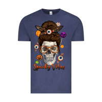 Vintage Denim Spooky Vibes Skull Messy Bun Vintage Tee - texasbilliewilder