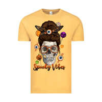 Vintage Mustard Spooky Vibes Skull Messy Bun Vintage Tee - texasbilliewilder