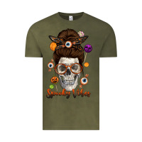 Vintage Olive Spooky Vibes Skull Messy Bun Vintage Tee - texasbilliewilder