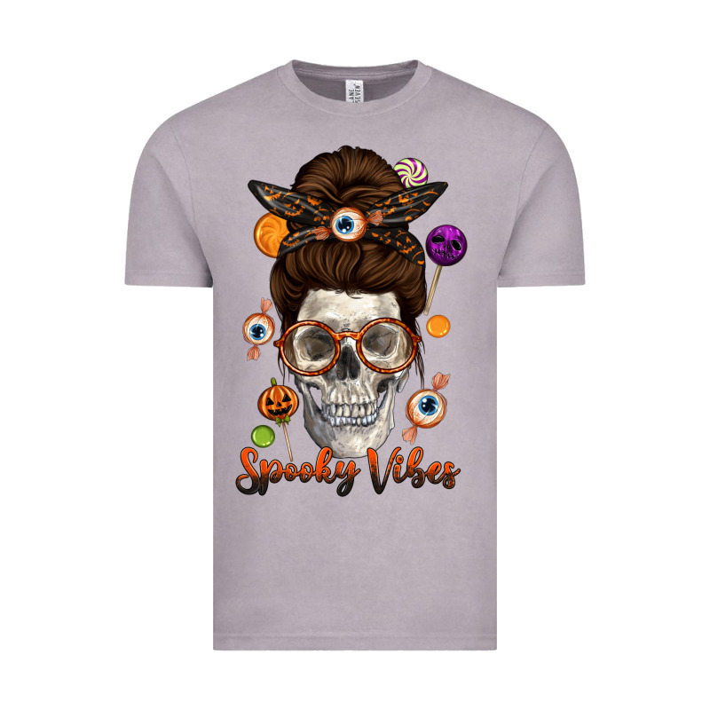 Spooky Vibes Skull Messy Bun Vintage Tee by texasbilliewilder | Teevron