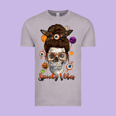 Spooky Vibes Skull Messy Bun Vintage Tee Designed By Texasbilliewilder
