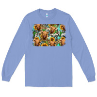 Colony Blue highland cow western background Long Sleeve Tee - Jasminsmagicworld