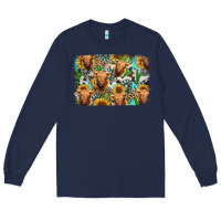 Navy highland cow western background Long Sleeve Tee - Jasminsmagicworld