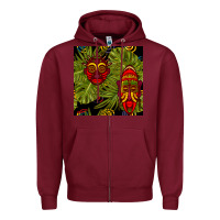 Burgundy african masks and monstera leaf seamless pattern Zipper Hoodie - BundleAndBundleShop