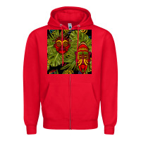 Red african masks and monstera leaf seamless pattern Zipper Hoodie - BundleAndBundleShop