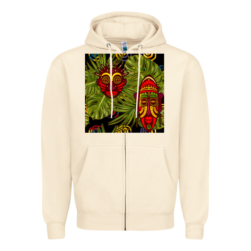 African Masks And Monstera Leaf Seamless Pattern Zipper Hoodie by BundleAndBundleShop | Teevron