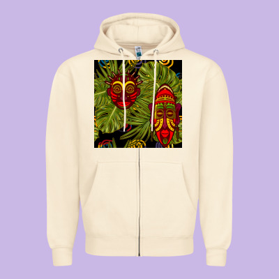 African Masks And Monstera Leaf Seamless Pattern Zipper Hoodie Designed By Bundleandbundleshop