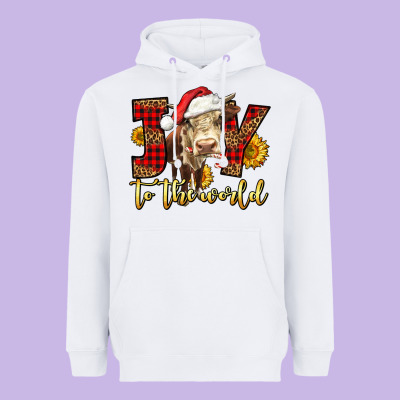Joy To The World Christmas Cow Heavyweight Hoodie Designed By Lillyallendesigns