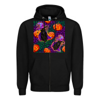 Black witchy cat and pumpkins seamless paternal Zipper Hoodie - BundleAndBundleShop