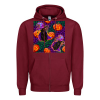Burgundy witchy cat and pumpkins seamless paternal Zipper Hoodie - BundleAndBundleShop