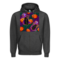 Charcoal Heather witchy cat and pumpkins seamless paternal Zipper Hoodie - BundleAndBundleShop