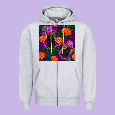 Witchy Cat And Pumpkins Seamless Paternal Zipper Hoodie Designed By Bundleandbundleshop