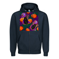 Navy witchy cat and pumpkins seamless paternal Zipper Hoodie - BundleAndBundleShop