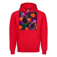 Red witchy cat and pumpkins seamless paternal Zipper Hoodie - BundleAndBundleShop