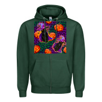 Sports Green witchy cat and pumpkins seamless paternal Zipper Hoodie - BundleAndBundleShop