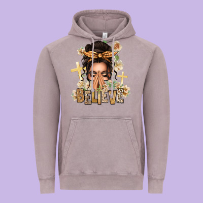 Believe Praying Caucasian Messy Bun Vintage Hoodie Designed By Texasbilliewilder