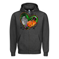 Charcoal Heather halloween heart with pumpkin Zipper Hoodie - BundleAndBundleShop