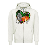 Oatmeal Heather halloween heart with pumpkin Zipper Hoodie - BundleAndBundleShop