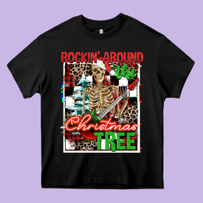 Rockin' Around The Christmas Tree Skeleton Heavy Core Tee Designed By Nancycooperartshop