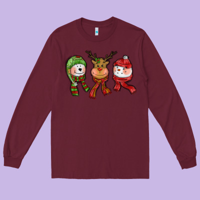 Christmas Reindeer Polar Bear Snowman Long Sleeve Tee Designed By Cowgirlartshop