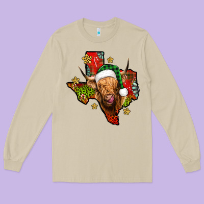 Christmas Texas Highland Cow Long Sleeve Tee Designed By Jasminsmagicworld