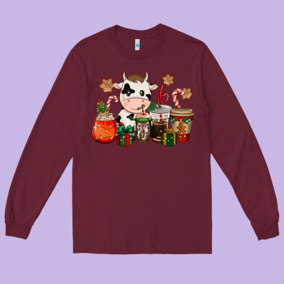 Cow Coffee Cups Christmas Long Sleeve Tee Designed By Cowgirlartshop