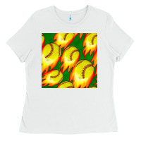 White softball fire ball seamless pattern Ladies Tee - BundleAndBundleShop