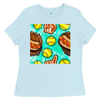 Baby Blue softball glove and hotdog seamless pattern Ladies Tee - BundleAndBundleShop
