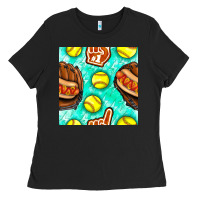 Black softball glove and hotdog seamless pattern Ladies Tee - BundleAndBundleShop