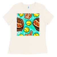 Bone softball glove and hotdog seamless pattern Ladies Tee - BundleAndBundleShop